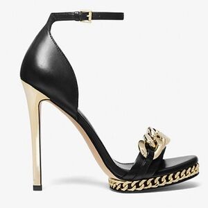 Michael Kors Jordyn Almond Toe Chain High Heel Platform Sandals 6.5 Black Gold